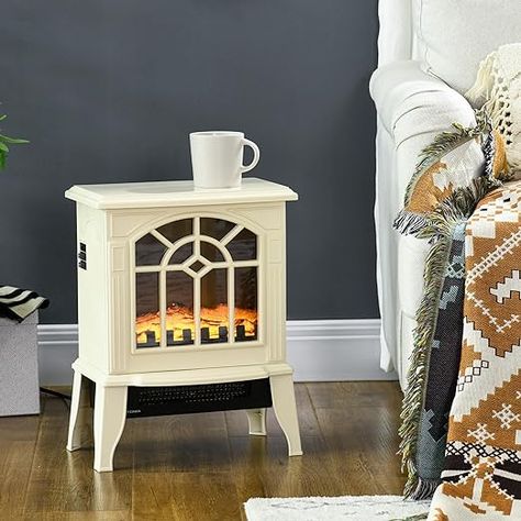 Amazon.com: HOMCOM 18" Electric Fireplace Heater, Fireplace Stove with Realistic LED Flames and Logs, Overheating Protection, 750W/1500W, Cream White : Home & Kitchen Portable Electric Fireplace, Electric Fireplace Stove, Fireplace Stove, Small Heater, Stove Heater, Electric Fireplace Heater, Trailer Life, Fireplace Heater, Freestanding Fireplace