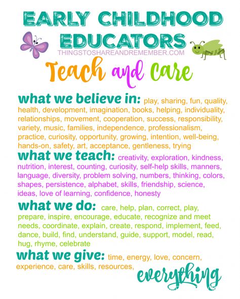 Early Childhood Educators TEACH and CARE Printable Poster from Share & Remember Early Childhood Education Degree, Early Childhood Education Curriculum, Early Childhood Education Classroom, Early Childhood Education Quotes, Early Childhood Education Resources, Early Childhood Education Activities, Emergent Curriculum, Childhood Quotes, Early Childhood Educator