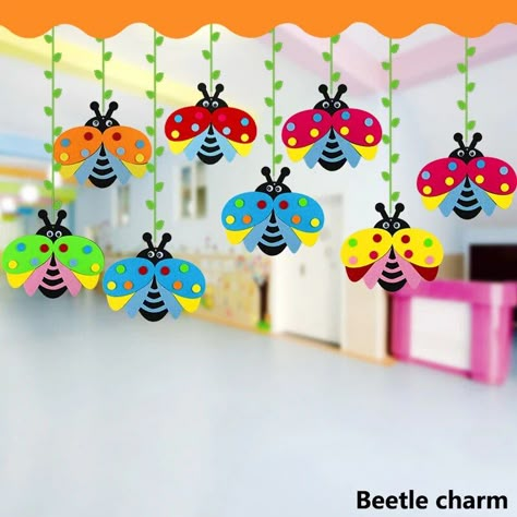 Kindergarten Ceiling Decoration, Beetle Crafts Preschool, Hanging Craft Ideas For School, Hanging For Preschool Decoration, Classroom Mobiles, Hanging Ideas For School Decoration, Cartoon Beetle, Kindergarten Decoration, Decoration Classroom