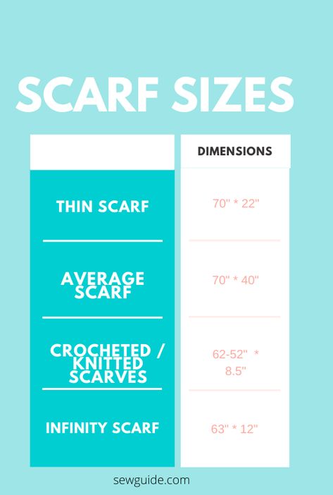 Scarf, Shawl, Stole and Wrap - Different Size dimensions - SewGuide Shawl Sizes Chart, Infinity Scarf Length Chart, Scarf Length Chart, Scarf Size Chart, Scarf Sizes, Shawl Scarf Pattern, Scarf Sewing, Scarf Sewing Pattern, Sewing Scarves