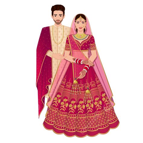 Bride Nd Groom Wedding Dress, Hindu Bride And Groom Cartoon, Hindu Wedding Couple Cartoon, Sikh Couple Illustration, Indian Bride And Groom Illustration, Wedding Illustration Couple, Bride Cartoon, Bridal Asia, Indian Sherwani