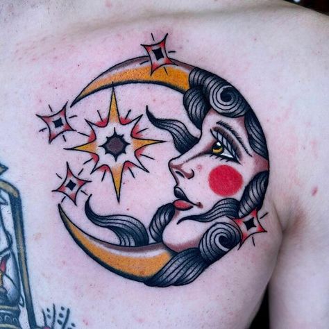 American Traditional Sun And Moon Chest Tattoo Which Tattoos, Traditional Sun Tattoo, Traditional Mermaid Tattoos, Traditional Ship Tattoo, Traditional Panther Tattoo, Traditional Tattoo Woman, Traditional Butterfly Tattoo, Traditional Heart Tattoos, Traditional Tattoo Inspiration