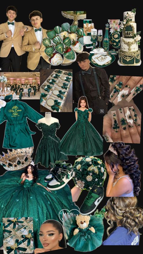 Tina Quinceanera Theme, Emerald Green Quinceanera Theme Makeup, Emerald Green Royalty Aesthetic, Dark Green Quince Decorations, Emerald Green And Gold Quince Theme, Emerald Green Sweet 16 Theme, Green And Gold Quinceanera Theme, Emerald Quinceanera Theme, Emerald Quinceanera