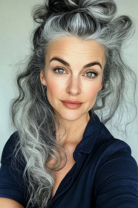 Grey Roots Hairstyles, Best Color Clothing For Gray Hair, Silver Hair Brunette, Long Curly Grey Hair Natural Curls, Silver Bob Hair, Gray Hair Wedding Hairstyles, Fashion Grey Hair, Bonnie Bedelia Hair, Going White Hair Gracefully