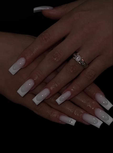 White On White Tip Nails, Milky White French Tip Nails Acrylic, White On Milky White Nails, Nail Inspo Acrylic White, White Nails With White French Tip, Nails White On White, Milk White French Tip Nails, Milky White Nails French, French Tip Acrylic Nails White