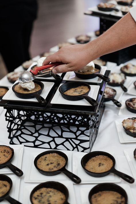 WHAT'S FOR DESSERT? How about warm cookie skillets topped with vanilla ice cream? Okay, we can make yours a hot cobbler ala mode. Can you imagine what your wedding guests are saying as they leave leave your reception? At Coast, Winconsin's most beautiful event venue with the best view of Lake Michigan, the Zilli Hospitliity Group has created the most delicious wedding cocktail hour, dinner & dessert menu imaginable. Mini Cookie Skillet, Catering Wedding Ideas, Food At Wedding, Bar Ideas Wedding, Wedding Dinner Ideas, Ideas Para Boda, Ideas Para Catering, Wedding Cocktail Hour Food, Wedding Dessert Ideas