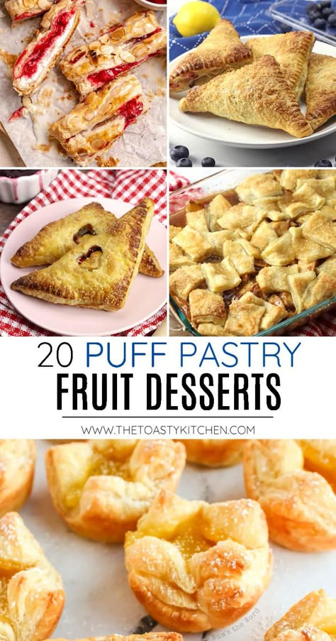 20 puff pastry fruit desserts, a recipe roundup by The Toasty Kitchen. Today I'm sharing 20 puff pastry fruit desserts that are easy to make in your own home kitchen. Keep a box of frozen puff pastry on hand at all times for these quick and easy homemade treats! #puffpastry #puffpastryfruitdesserts #fruitdesserts #apple #Berry #tart #galette #turnovers #recipes #reciperoundup Easy Fruit Puff Pastry, Healthy Puff Pastry Recipes Desserts, Fresh Strawberry Puff Pastry, Mini Apple Turnovers With Puff Pastry, Recipes Made With Puff Pastry, Puff Pastry Tart Dessert, Phylo Pastry Recipes Breakfast, Fruit Filled Puff Pastry, Puff Pastry Fruit Recipes