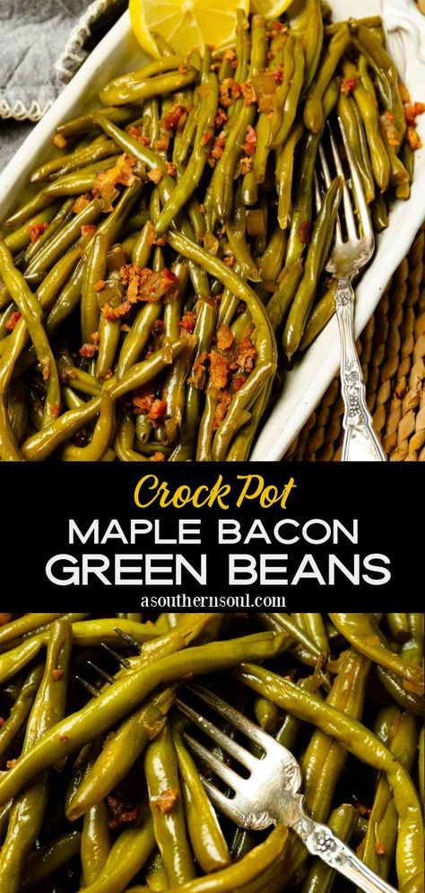 Green beans are a classic side dish now made even easier thanks to the Crock Pot. Tender green beans, with a hint of sweetness from maple syrup, and a bit of smokiness from bacon, are so good that this recipe is sure to become a favorite for years to come. Maple Glazed Green Beans, Greenbeans Bacon Crockpot, Green Beans And Bacon Crockpot, Crock Pot Frozen Green Beans, Fresh Green Bean Recipes Crockpot, Green Bean Ideas, Brown Sugar Green Beans Bacon, Maple Bacon Green Beans, Crock Pot Green Beans