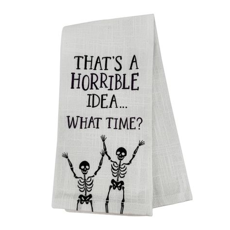 "Find the 22\" Halloween Horrible Idea, What Time? Cotton Tea Towel by Celebrate It® bat Michaels. Add a haunting vibe to your home with this scary tea towel. Pair it with other Halloween-themed kitchen décor to transform your space into a creepy haven. Add a haunting vibe to your home with this scary tea towel. Pair it with other Halloween-themed kitchen décor to transform your space into a creepy haven. Details: Black and white 15\" x 22\" ( 38.1cm x 55.9cm) Cotton For indoor use | 22\" Hallow Themed Kitchen, Kitchen Decor Themes, Halloween Porch, Cotton Tea Towels, Diy Inspiration, Tea Towel, Halloween Themes, Creative Inspiration, Tea Towels