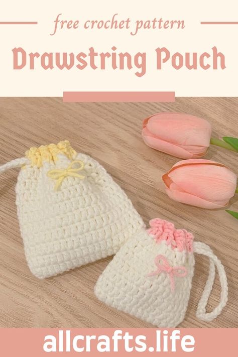 Crochet Drawstring Pouch Free Crochet Patterns For Small Pouches, Crochet Small Drawstring Pouch, Crochet Mini Drawstring Bag Free Pattern, Cute Crochet Pouch Pattern, How To Crochet Drawstring Bag, Mini Crochet Pouch Free Pattern, Pouch Pattern Crochet, Crochet Pouch Bag Pattern, Small Crochet Drawstring Bag