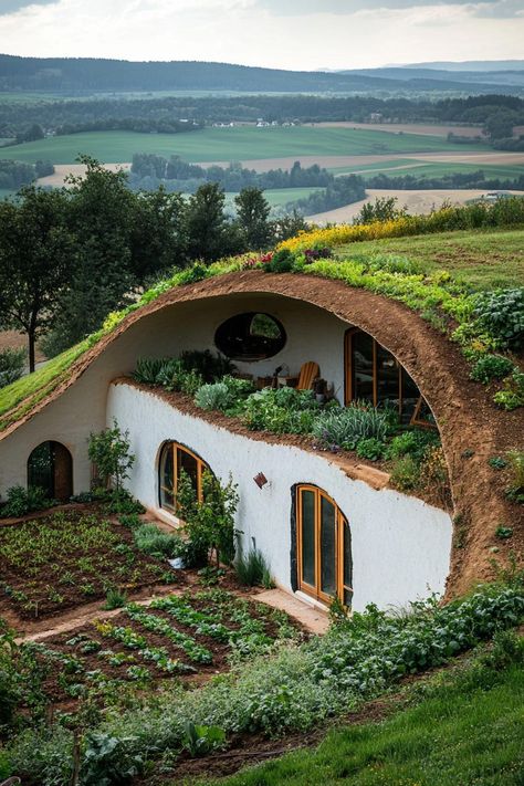 Discover stunning exterior ideas for earth sheltered homes that seamlessly blend with nature while keeping your house stylish and energy-efficient. Earth Pod House, Diy Earthship Home, Earth House Plans, Natural Roof Ideas, Cob House Outside, Green House Green Roof, Modern Natural Home Design, Houses That Blend In With Nature, Earth Sheltered Greenhouse