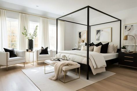 Ibiza Bedroom, Black White Bedroom, Black White Bedrooms, Blue Bedroom Design, Glamourous Bedroom, Bedroom With Sitting Area, Bedroom Design Trends, White Bedroom Design, Rectangle Bedroom