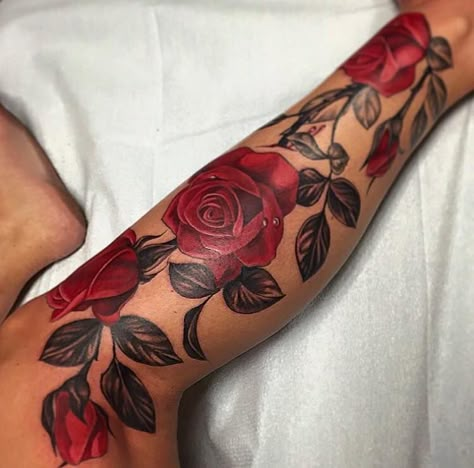 Deep Red Tattoo, Rose Sleeve Tattoo, Rose Vine Tattoos, Flower Vine Tattoos, Tattoo Roses, Tattoos Pinterest, Rose Tattoo Sleeve, Rose Sleeve, Rose Tattoos For Women