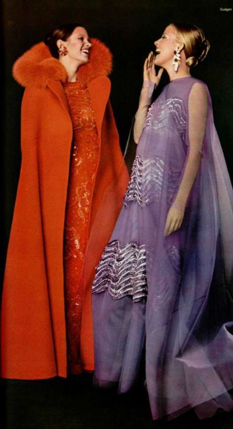 1971 Christian Dior 70s evening wear gown dress silver purple red long coat formal vintage fashion style color photo print ad designer couture models 1970s Evening Wear, Art Deco Inspired Outfit, 70s Couture Fashion, 70s Evening Dress, 1970s Evening Gowns, 70s Formal Wear, 70s Formal Fashion, 70s Dresses Formal, Dior 70s