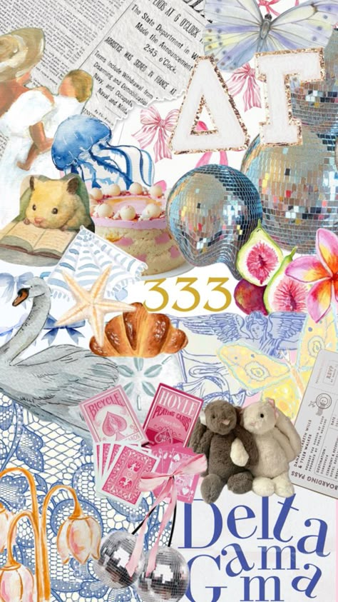 collage delta gamma disco ball dg deeg embroidered jellycat playing cards bicycle fig flower lace coastal goose bows coquette butterfly croissant travel sand starfish aesthetic pink blue ivory white bright Mermaid Bid Day, Starfish Aesthetic, Coquette Butterfly, Delta Gamma Anchor, Bows Coquette, Wallpapers Widgets, Alpha Xi, Sorority Girl, Delta Gamma