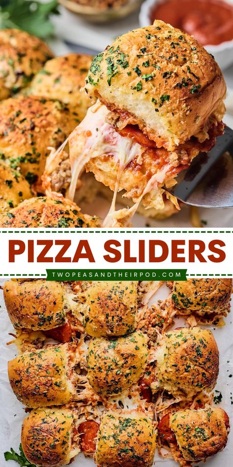 These Pizza Sliders are an easy appetizer recipe that starts with Hawaiian rolls stuffed with pepperoni, sausage, mozzarella cheese, and pizza sauce. It makes a delicious Gameday recipe or snack idea for a party! Pepperoni Sliders Recipes, Sliders Recipes Hawaiian Rolls Pizza, Recipes With Salami And Pepperoni, Pizza Sliders Hawaiian Rolls Recipe, Leftover Pepperoni Recipes, Game Day Meals For A Crowd, Fun Sliders Recipes, Pizza Hawaiian Sliders, Hawaiian Roll Italian Sliders