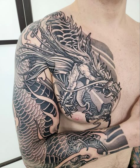 Dragon Sleeve Tattoo. - MELTBLOGS Japanese Dragon Tattoos Chest, Mens Dragon Sleeve Tattoo, Men’s Tattoo Dragons, Chest Dragon Tattoo For Men, Chinese Dragon Chest Tattoo, Dragon Armor Tattoo, Dragon Tattoo Chest To Arm, Dragon Tattoo Drawing Design, Dragon Tattoo Man