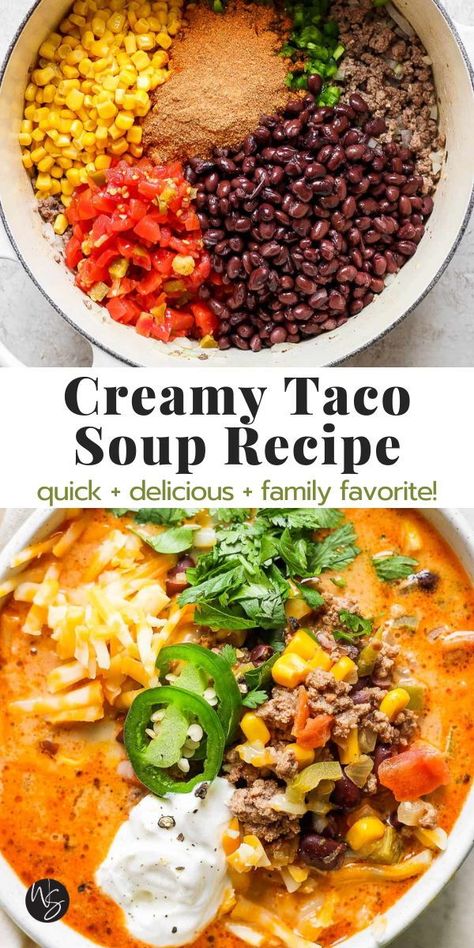 Creamy Taco Soup - a super simple creamy taco soup recipe that is really going to wake-up your tastebuds! Easy enough for a quick dinner on busy weeknights or meal prep it for the week. Just don't forget to serve with ALL the best taco toppings! The whole family is going to enjoy a big bowl of this comfort food! This recipe is gluten-free friendly. Half Baked Harvest Taco Soup, Taco Soup Recipe Healthy, Taco Soup With Leftover Taco Meat, Taco Soup Gluten Free, Creamy Beef Taco Soup Recipe, Crockpot Creamy Taco Soup, Taco Soup Dutch Oven, Beef Taco Soup Crockpot, Healthy Taco Soup Crock Pot