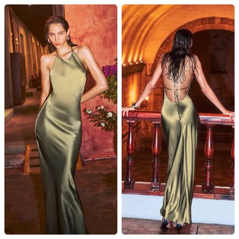 New With Tag Reformation Jeany Silk Satin Maxi Slip Dress In Olive Green Color. The Jeany Is A Full-Length, Fitted Halter Dress Guaranteed To Be The Favorite At Any Event. It Features An Open Back With Tie Detailing, An Adjustable Halter Neck, And Buttons On The Back That Lend A Flirty, Feminine Touch. Sleeveless. Halter Neckline. Adjustable Self-Tie Straps. Back Button Detail. Only Top Portion Is Lined. 100% Silk. Lightweight Silk Charmeuse Fabric. Dry Clean Only. Color: Olive Oil Size: X-Small Charmeuse Fabric, Green Gown, Silk Dress Long, Black Tie Gala, Floral Gown, Maxi Gown Dress, Reformation Dress, Green Maxi, Cocktail Wedding