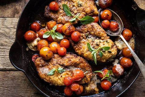 20 Minute Florentine Butter Chicken with Burst Cherry Tomatoes. - Half Baked Harvest Burst Cherry Tomatoes, Creamy Mashed Cauliflower, Half Baked Harvest Recipes, Chicken Breast Cutlet, Chicken Florentine, Carlsbad Cravings, Harvest Recipes, Quick Dinners, Half Baked