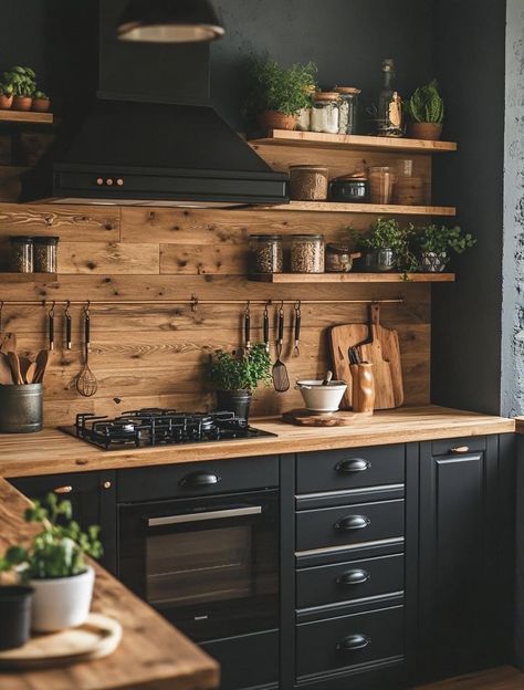 Working Room, Floating Shelves Living Room, Decorative Shelf, Wooden Floating Shelves, Black Kitchen Cabinets, Dark Kitchen, Bathroom Shelf, Kitchen Redo, Black Kitchens