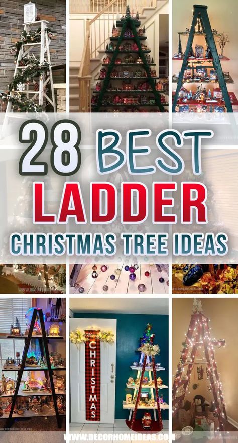 Ladder For Christmas Decor, Displaying Christmas Villages Ideas, Ladder Display For Christmas Village, Diy Christmas Tree Display, Ladder Christmas Tree Village, Christmas Tree Ladder Village, Stepladder Christmas Tree, Shelves For Christmas Village, Wooden Crate Christmas Tree