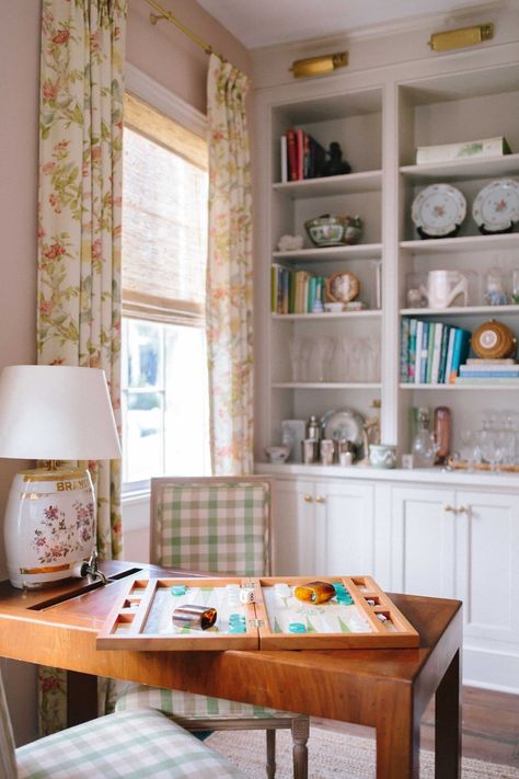 A game room with a card table Living Room Card Table, Living Room Game Table, Game Table In Living Room, Game Table In Family Room, In Wall Shelves, Office In Living Room, Library Craft Room, Built In Wall Shelves, Beach Patterns