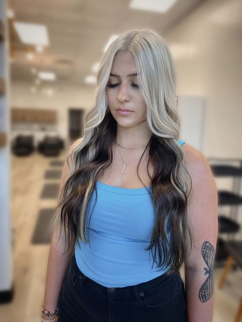 Blonde Highlights With Black Underneath, Hair Brown Underneath Blonde On Top, Hair Blonde On Top Dark Underneath, Brown On Bottom Blonde On Top, Light Hair With Dark Underneath, Black Blonde And Brown Hair, Blonde With Brunette Underneath, Blonde Hair Dark Brown Underneath, Blonde And Dark Hair Underneath