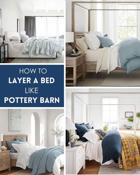 Pottery Barn Bedroom Master, Layer A Bed, Layered Bedding Ideas, Pottery Barn Bedrooms, Pottery Barn Look, Pottery Barn Style, Pottery Barn Bedding, Pottery Barn Inspired, English Decor