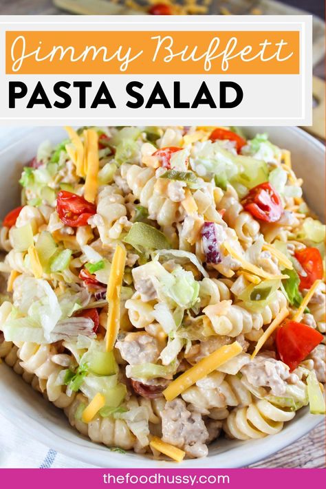 Jimmy Buffett Pasta Salad is a delicious main course or side dish! Filled with everything you love about a cheeseburger: burger, pickles, cheese, onions and more! Whether you're wanting a fun dinner or a perfect potluck dish - this is it! Taste Of Home Pasta Salad Recipes, Fancy Pasta Salad Recipes, Meatball Pasta Salad, Pasta Slaw Salad, Jimmy Buffet Salad, French Onion Dip Pasta Salad, Summer Fresh Pasta Salad, Hamburger Pasta Salad, Salad Ideas For Bbq