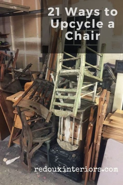 Repurposed Chairs Upcycling, Upcycling Wooden Chairs, Wooden Chair Decor Ideas, Wood Chair Repurpose Ideas, Recycled Chairs Diy Projects, Recycle Chairs Ideas, Dining Chair Repurpose, Chair Ideas Creative, Chair Parts Repurposed Ideas