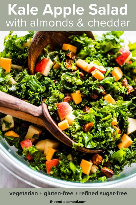 Best Kale Salad Recipe, Kale Salad With Apples, Sweet Salad Dressings, Kale Apple Salad, Salad With Almonds, Panzanella Salad Recipe, Sweet Salad, Apple Cheddar, Salad With Apples