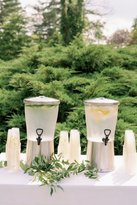 Ceremony Beverage Station, Wedding Ceremony Water Station, Water Station Wedding Ceremony, Drink Station At Wedding, Rehearsal Dinner Drink Station, Outdoor Wedding Drinks, Ceremony Water Station, Outdoor Wedding Water Station, Drink Bar For Wedding