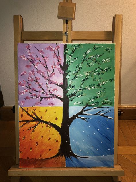 Spring Summer Autumn Winter Drawing, Summer And Winter Drawing, Seasonal Canvas Painting Ideas, Winter Spring Summer Fall Art, Four Seasons Painting Canvases, Spring Summer Autumn Winter Art, Summer Season Drawing Ideas, Easy Spring Painting Ideas On Canvas, Spring Drawing Easy