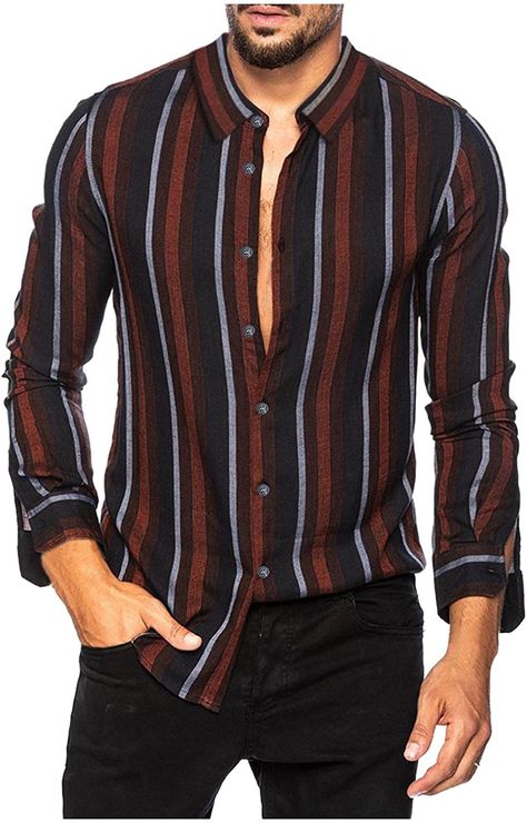 Burband Mens Vertical Striped Button Down Dress Shirts Long Sleeve Casual Comfort Slim Fit Business Stretch Oxford Shirts at Amazon Men’s Clothing store White Linen Shirt Men, Crop Tops For Men, Vertical Striped Shirt, Striped Shirt Men, Fitted Tunic Tops, Mens Casual Outfits Summer, Long Sleeve Casual Dress, Denim Jacket Men, Shirt Dress Casual