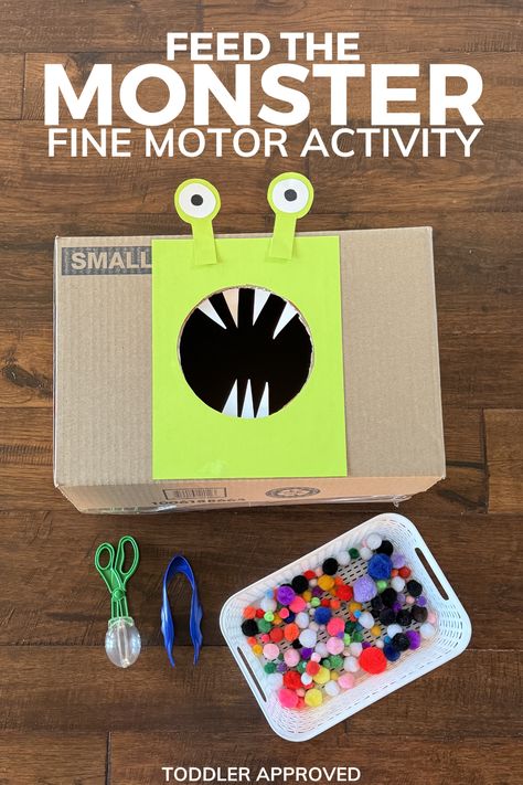 Feed the Monster Fine Motor Activity - Toddler Approved Activity 1 Year, Big Green Monster, Feed The Monster, Monster Activities, Monster Box, 1 Year Baby, Fine Motor Activity, Spider Crafts, Cardboard Box Crafts