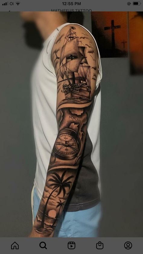 Tropical Tattoos Men, Nautical Sleeve Tattoo Mens, Nautical Compass Tattoo Men, Ship Tattoos For Men, Navy Tattoos For Men, Male Sleeve Tattoos, Travel Sleeve Tattoo, Nautical Tattoo Ideas, Nautical Sleeve