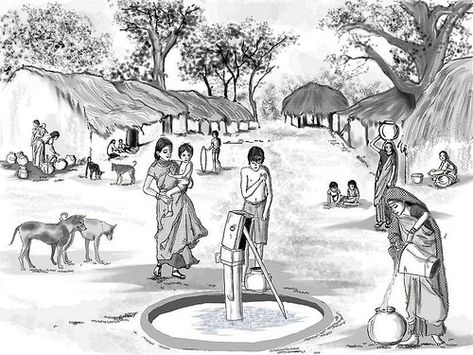 Village Well Drawing, My Village Drawing, Scene Drawing Reference, Village Scene Drawing, Village Drawing, Memory Drawing, Landscape Pencil Drawings, Composition Drawing, Perspective Sketch