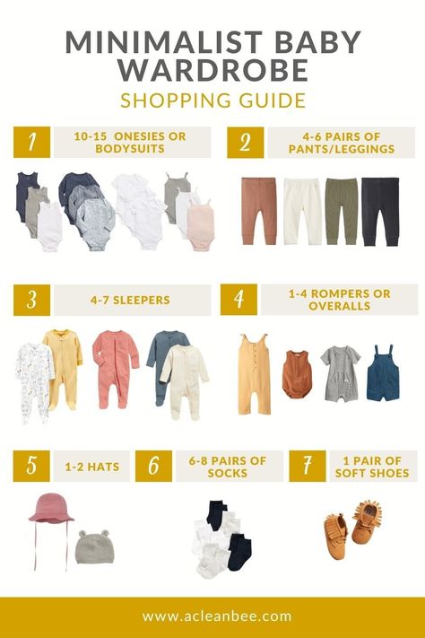 Curate a minimalist baby wardrobe by considering your favorite color scheme, weather, baby sizes, and your preferred laundry schedule. #capsulewardrobe #minimalistbaby #minimalistbabywardrobe #babycapsulewardrobe #minimalistbaby #ecofriendlybaby #lowwastebaby #zerowastebaby How Many Outfits For Baby In Each Size, How Many Baby Clothes Of Each Size, Baby Clothes Checklist, Minimalist Baby Nursery, Baby Capsule Wardrobe, Baby Wardrobe Ideas, Minimalist Nursery Ideas, Minimalist Baby Essentials, Cute Baby Things