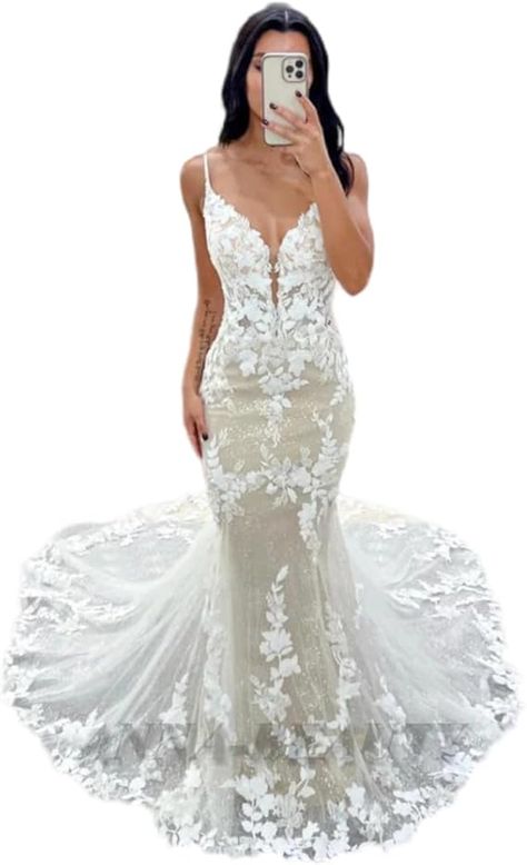 Amazon.com: Spaghetti Straps Lace Tulle Mermaid Wedding Dresses for Bride 2024 V Neck Long Bridal Gowns : Clothing, Shoes & Jewelry Amazon Wedding Dress, Wedding Gowns For Bride, Gowns For Bride, Bride 2024, Wedding Dress For Bride, Bridal Wedding Gowns, Amazon Wedding, Long Bridal Gown, Dresses For Bride