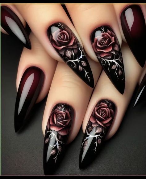 Vampire Nail Art Designs, Dark Floral Nail Designs, Classy Nails Ombre, Nail Designs Gothic, Black Rose Nails, Mystical Nails, Elegant Nails Classy, Thorny Vines, Rose Nail Design