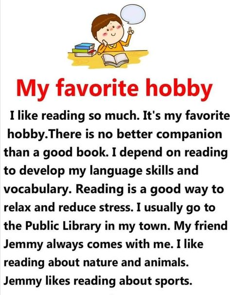 My favorite hobby  . English reading practice for kindergarten , grade one. Learn english. Essay my favourite hobby . Reflection Essay, Learn To Read English, English Poems For Kids, Struktur Teks, Essay Ideas, Reading Comprehension For Kids, English Essay, English Stories For Kids, English Word Book