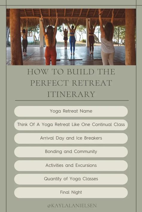 Unlock the magic behind the Yoga Retreats! With a decade of experience, I'm spilling the beans on the 8 key components to consider when creating your dream yoga retreat itinerary. Ready to build a unique experience that leaves participants coming back for more? Let's get started! #YogaAdventure #RetreatPlanning #GlowRetreats Yoga Retreat Itinerary, Yoga Retreat Activities, Wellness Retreat Itinerary, Boutique Yoga Studio, Creative Retreat Ideas, Lavender Brunch, Retreat Itinerary, Yoga Retreat Ideas, Diy Wellness Retreat