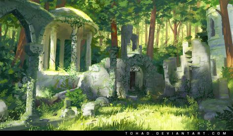 Forest ruins, Sylvain Sarrailh on ArtStation at https://www.artstation.com/artwork/Nxxob Forest Ruins, Ruins Architecture, Ruined City, Fantasy Forest, Fantasy Places, Fantasy Setting, Fantasy Art Landscapes, Fantasy Concept Art, Environment Design