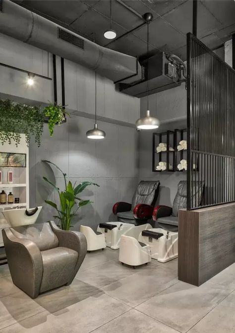 Industrial Beauty Salon Interior Design, Industrial Hair Salon Ideas, Hair Salon Industrial, Salon Wall Design Ideas, Modern Industrial Salon Design, Salon Interior Design Industrial, Hair Salon Flooring, Zen Salon Interior Design, Hair Salon Flooring Ideas