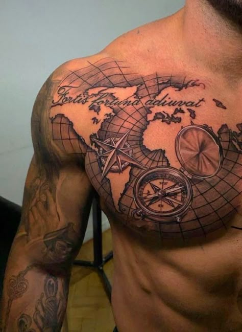 Top Shoulder Tattoo, Shoulder Tattoo Ideas For Men, Dark Themed Tattoos, Shoulder Piece Tattoo, Snowman Tattoo, Top Of Shoulder Tattoo, Nautical Tattoo Sleeve, Navy Tattoos, World Map Tattoos