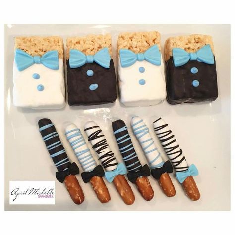 A little gentleman is on the way!!! Rice Krispies & Mini Pretzels • Bow Tie Themed Baby Shower • Boxed & Shipped to Indiana!!! Little Gentleman Baby Shower Ideas, Boss Baby Shower Theme, Boss Baby Treats, Baby Shower Food For Boy, Little Man Baby Shower Ideas, Bow Tie Baby Shower Theme, Boss Baby Baby Shower, Boss Baby Theme, Boss Baby Party