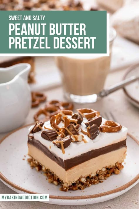 With a sweet and salty pretzel crust, fluffy peanut butter layer, and silky chocolate pudding, this peanut butter pretzel dessert is a decadent twist on peanut butter pie. No Bake Peanut Butter Pretzel Dessert, No Bake Peanut Butter Chocolate Pretzel Pie, No Bake Peanut Butter Pretzel Pie, Chocolate Peanut Butter Pretzel Pie, Chocolate Peanut Butter Pretzel Dessert, Peanut Butter Delight No Bake, Pretzel Peanut Butter Pie, Peanut Butter Lovers Desserts, Peanut Butter Pretzel Dessert