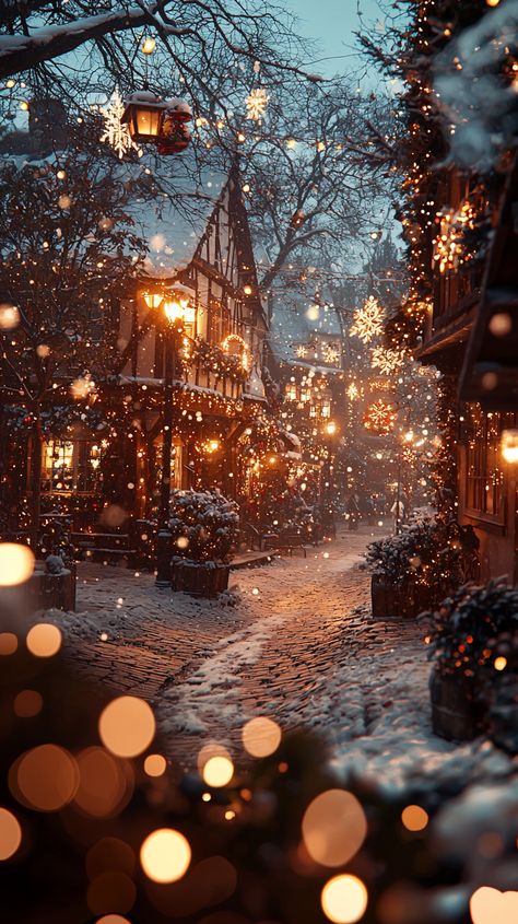 Feel the magic of Christmas in this enchanting village scene! ❄️✨ Snowflakes gently falling, warm glow of festive lights, and charming cobblestone streets create a winter wonderland. Perfect for cozy nights and holiday spirit! 🎄❤️ #Christmas #winter #wonderland #holiday #lights #snow #cozy #village #festive #magic #night #warmth #charm #celebration ❄️🌟🕯️ Winter Festival Aesthetic, Winter Market Aesthetic, Christmas Magic Aesthetic, Magical Christmas Aesthetic, Winter Holiday Aesthetic, Event Aesthetic, Cozy Village, Christmas Winter Wonderland, Festival Aesthetic