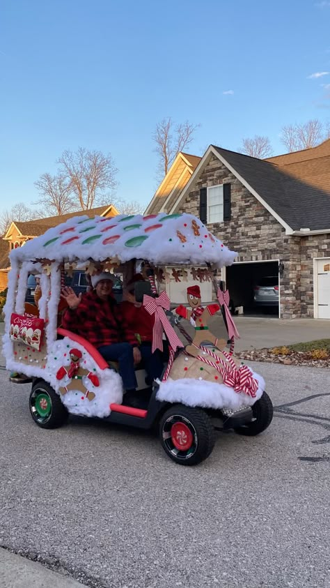 Gingerbread House Golf Cart Ideas, Golf Cart Gingerbread House, Gingerbread Golf Cart Decorations, Gingerbread House Golf Cart, Candy Cane Float Ideas, Gingerbread Golf Cart, Grinch Golf Cart Decorations, Side By Side Christmas Parade, Christmas Golf Cart